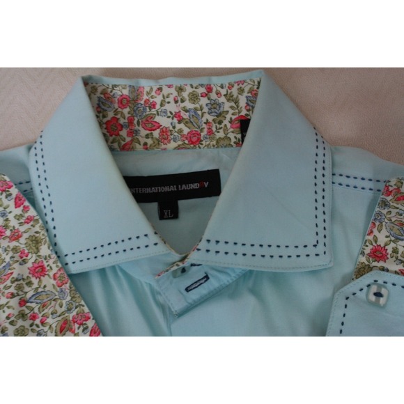 INTERNATIONAL LAUNDR Men's Shirt Teal Blue Fashion Top Stitch Contrast Cuff XL - Picture 10 of 13